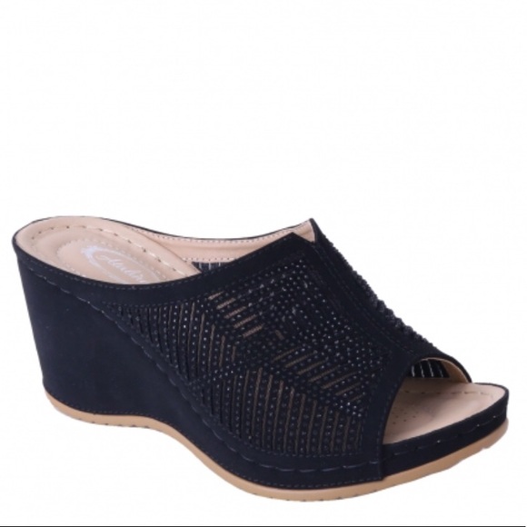 Restocked! Studded Bright Black Rhinestone Wedge Platform Heeled Sandal Mules - Picture 3 of 11